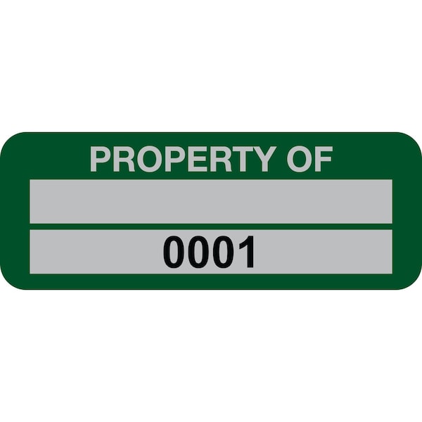 Lustre-Cal Property ID Label PROPERTY OF 5 Alum Green 2in x 0.75in 1 Blank Pad & Serialized 0001-0100, 100PK 253740Ma2G0001 - main